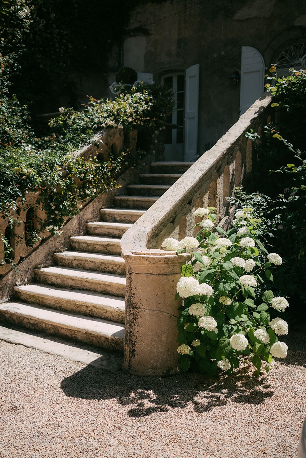 Hydrangeas beside the chateau's stone staircase