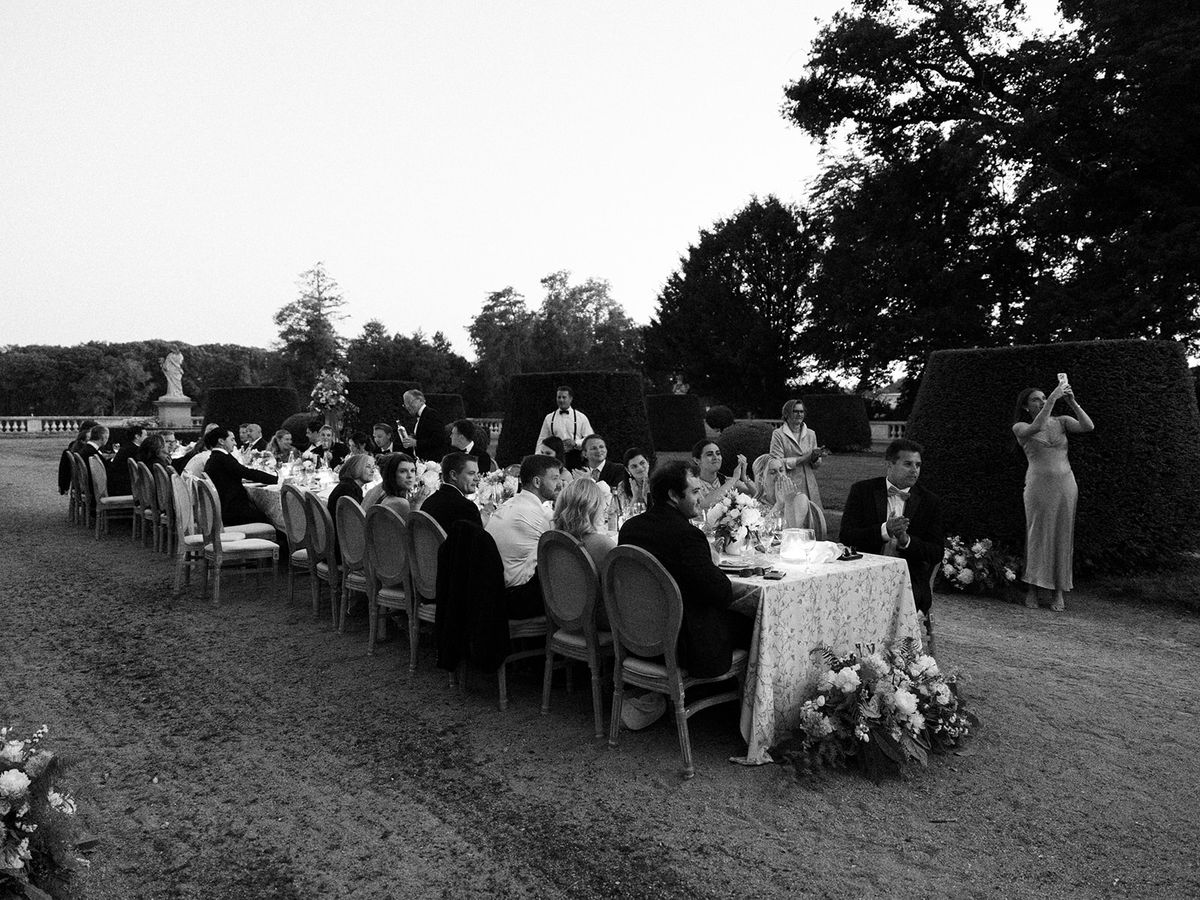 The long table and seated guests in the garden