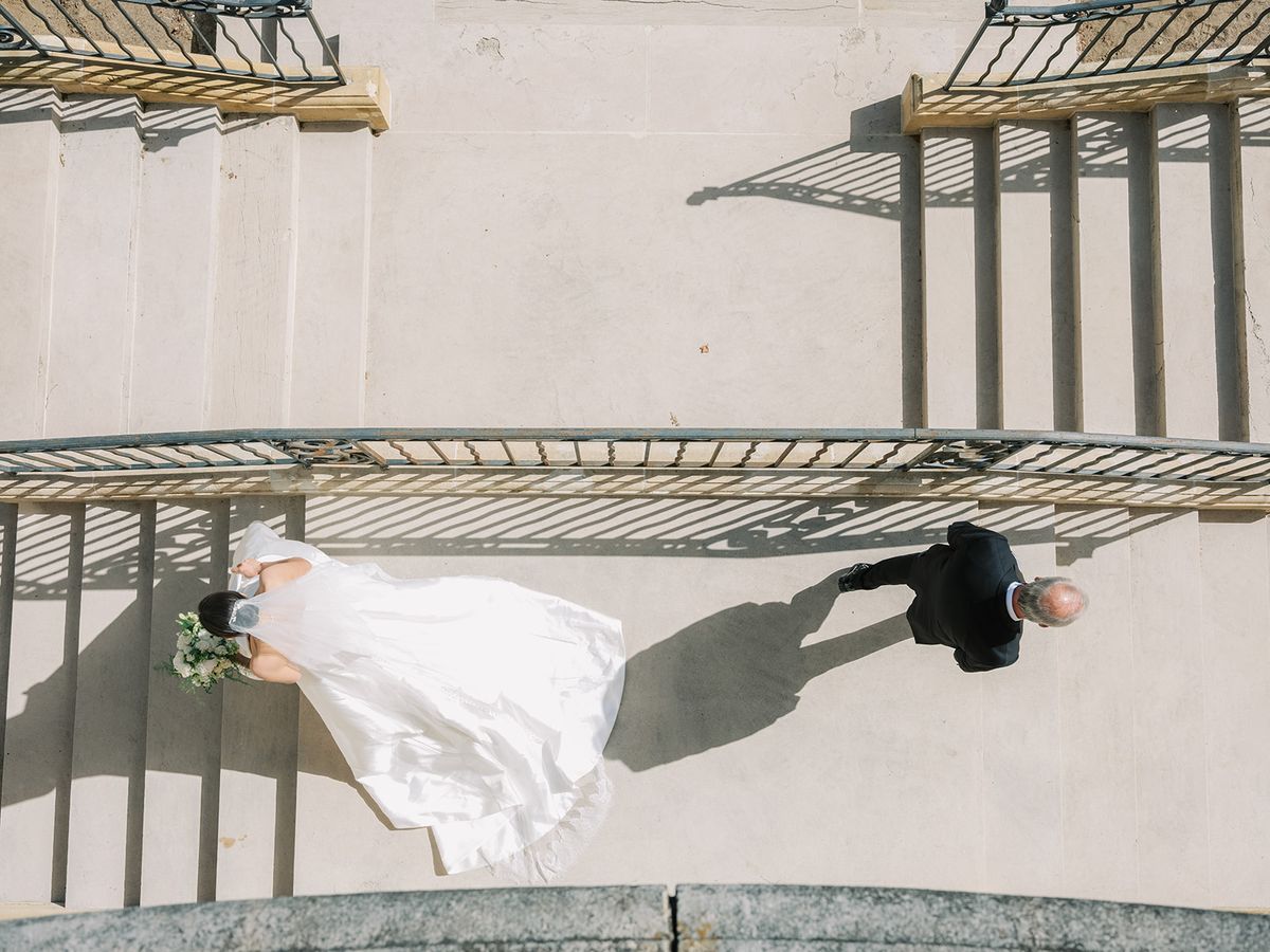 Haley's gown and train on the stone terrace, seen from above