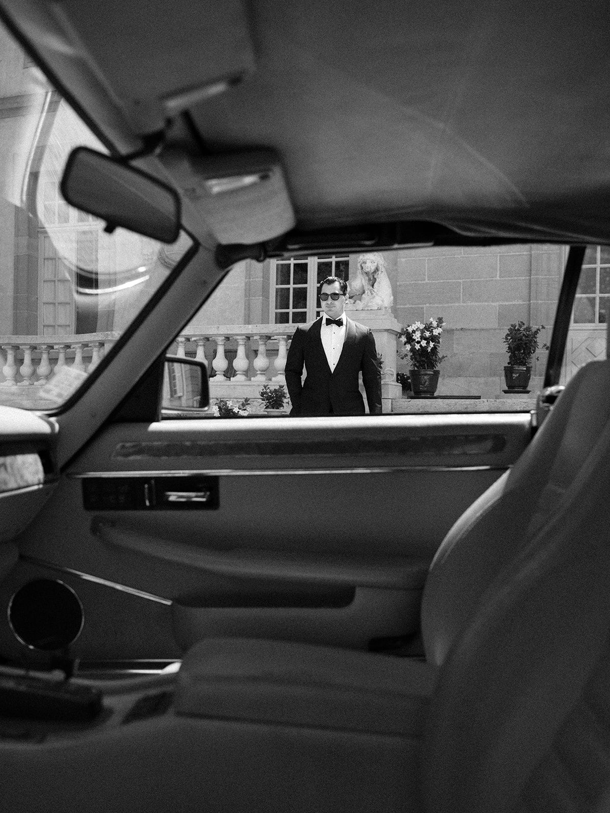 Tyler seen from inside the vintage car