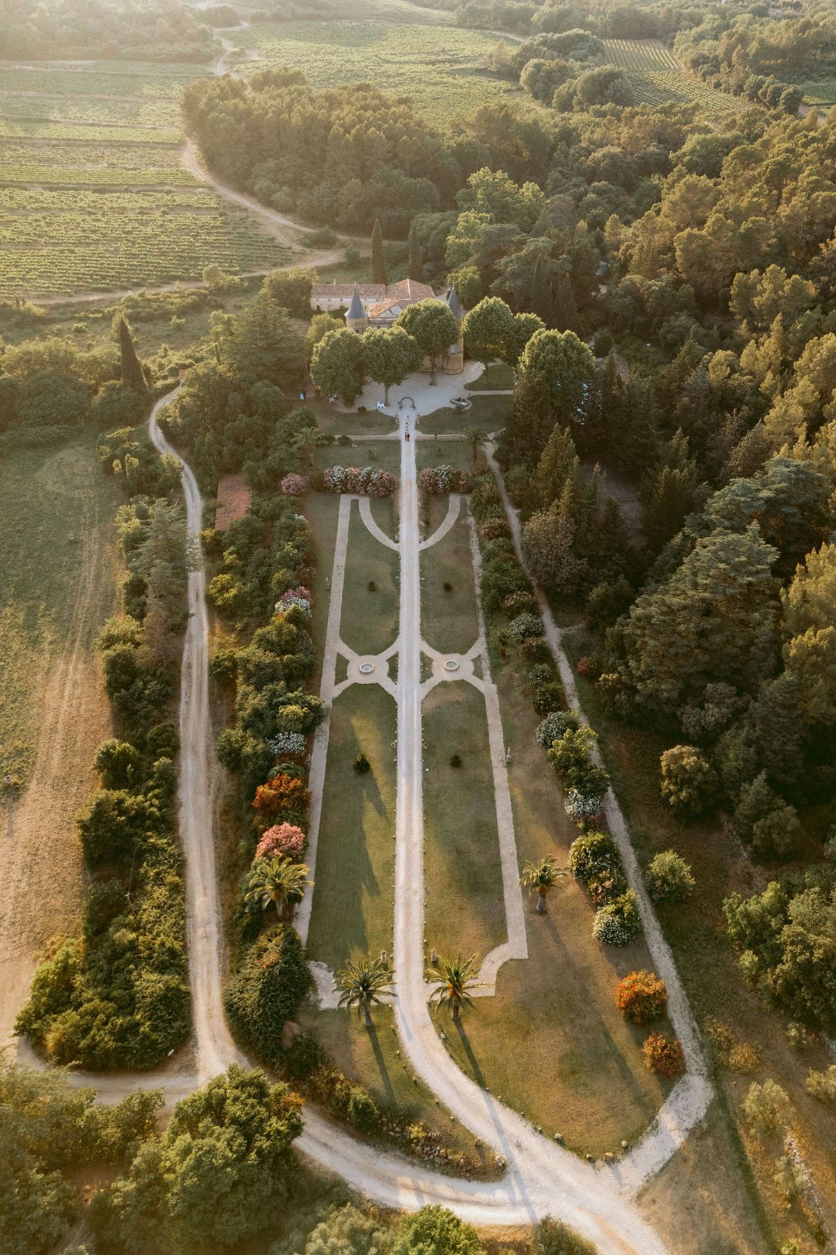 Aerial view of the tree-lined approach to Château de Robernier