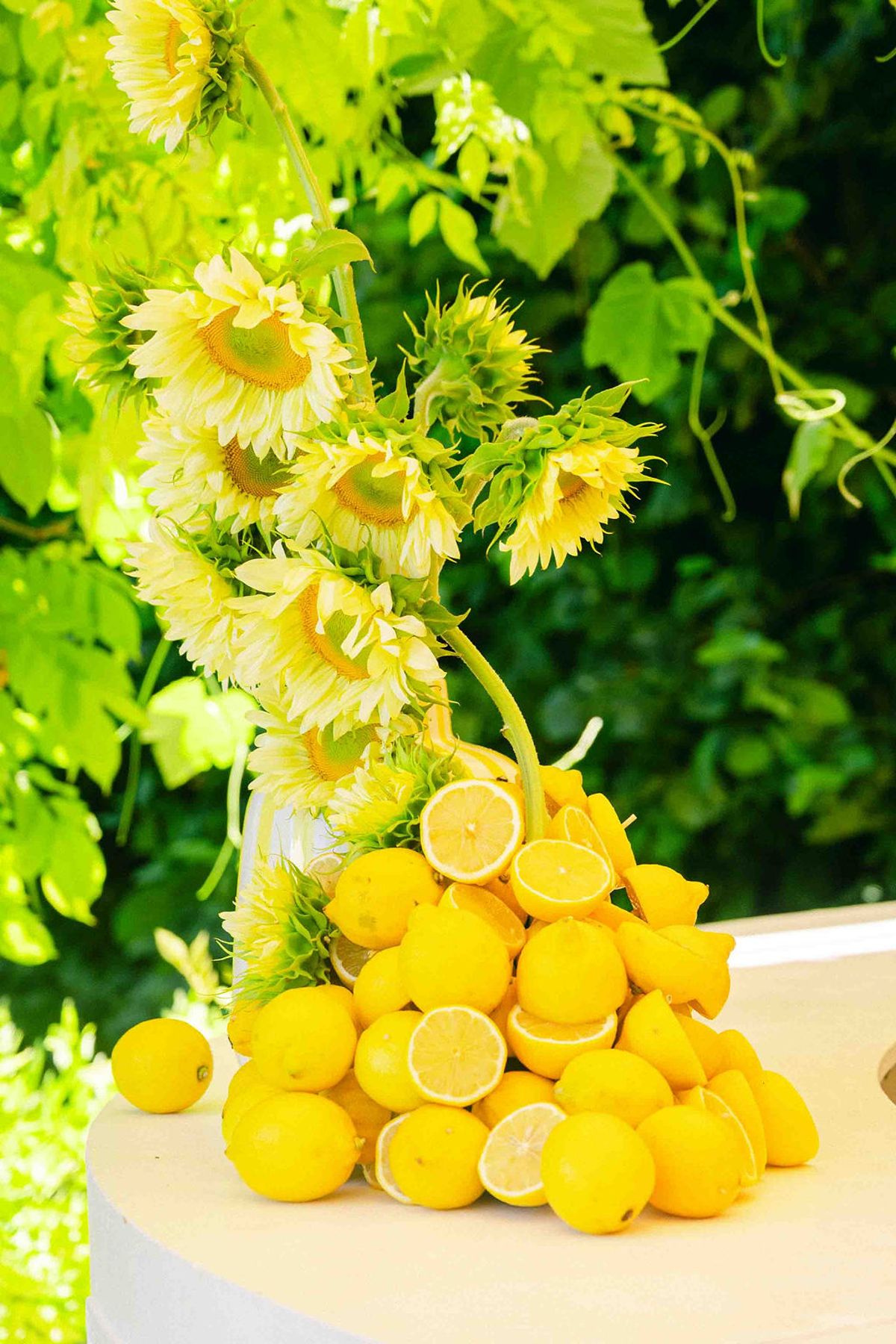 A decoration of yellow sunflowers rises above a heap of halved lemons on a white table, with greenery behind.