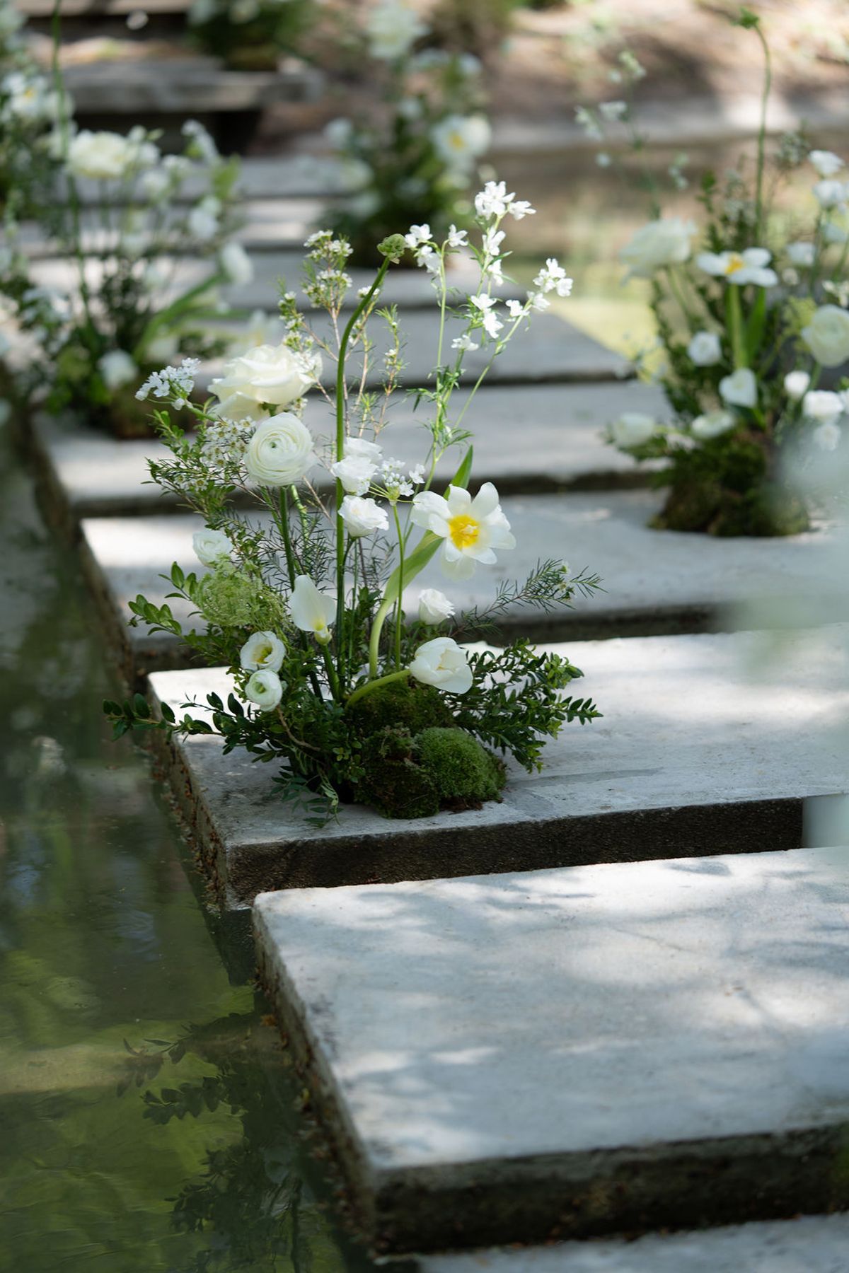 Stone stepping stones across water lined with white anemones and greenery