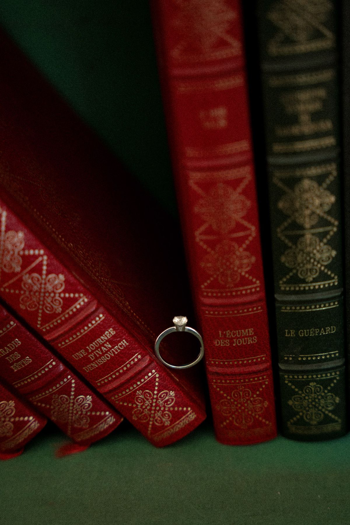 Isadora & Hugo — the wedding rings resting against red leather-bound books, spring wedding in Nouvelle-Aquitaine