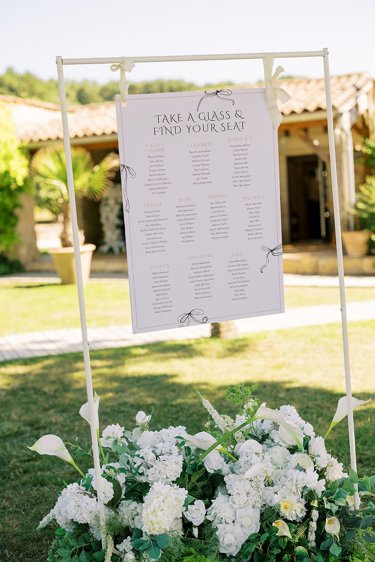 A tall framed seating plan reading take a glass and find your seat stands on grass above a cluster of white flowers.