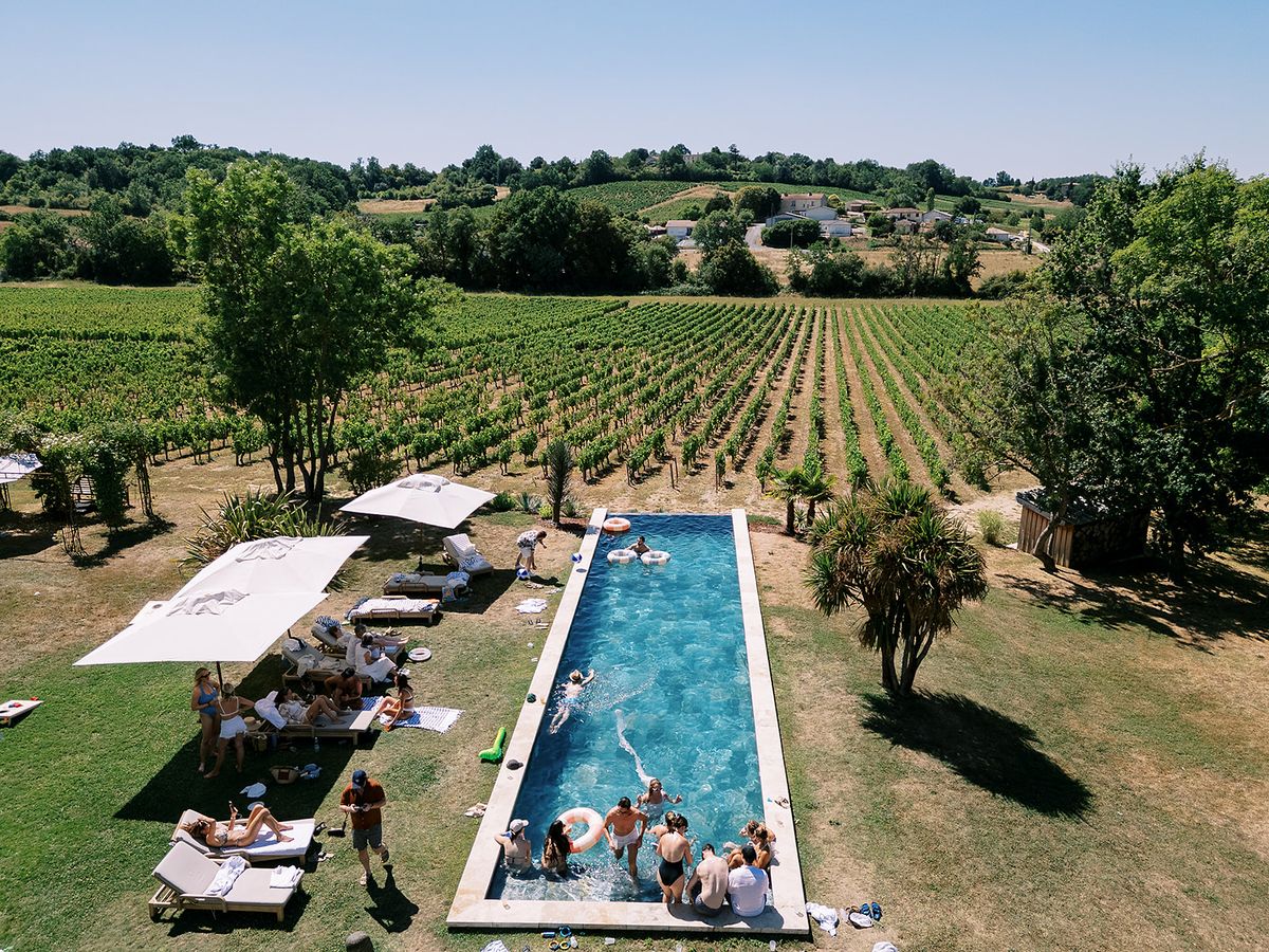 An aerial view of a long rectangular swimming pool with guests relaxing around it, parasols on the lawn and vineyards beyond.