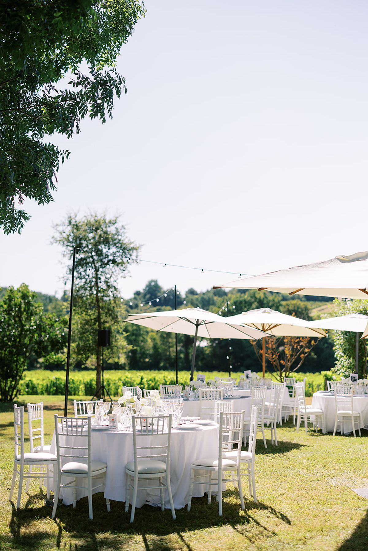 Round tables with white cloths and white chairs set for a reception on a lawn under parasols, with vineyards beyond.