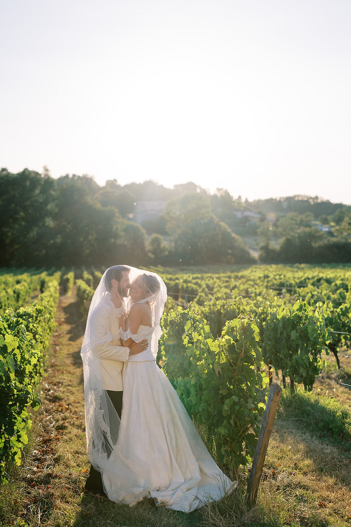 The couple kiss beneath the bride's veil among rows of vines, with trees and a bright sky behind them.