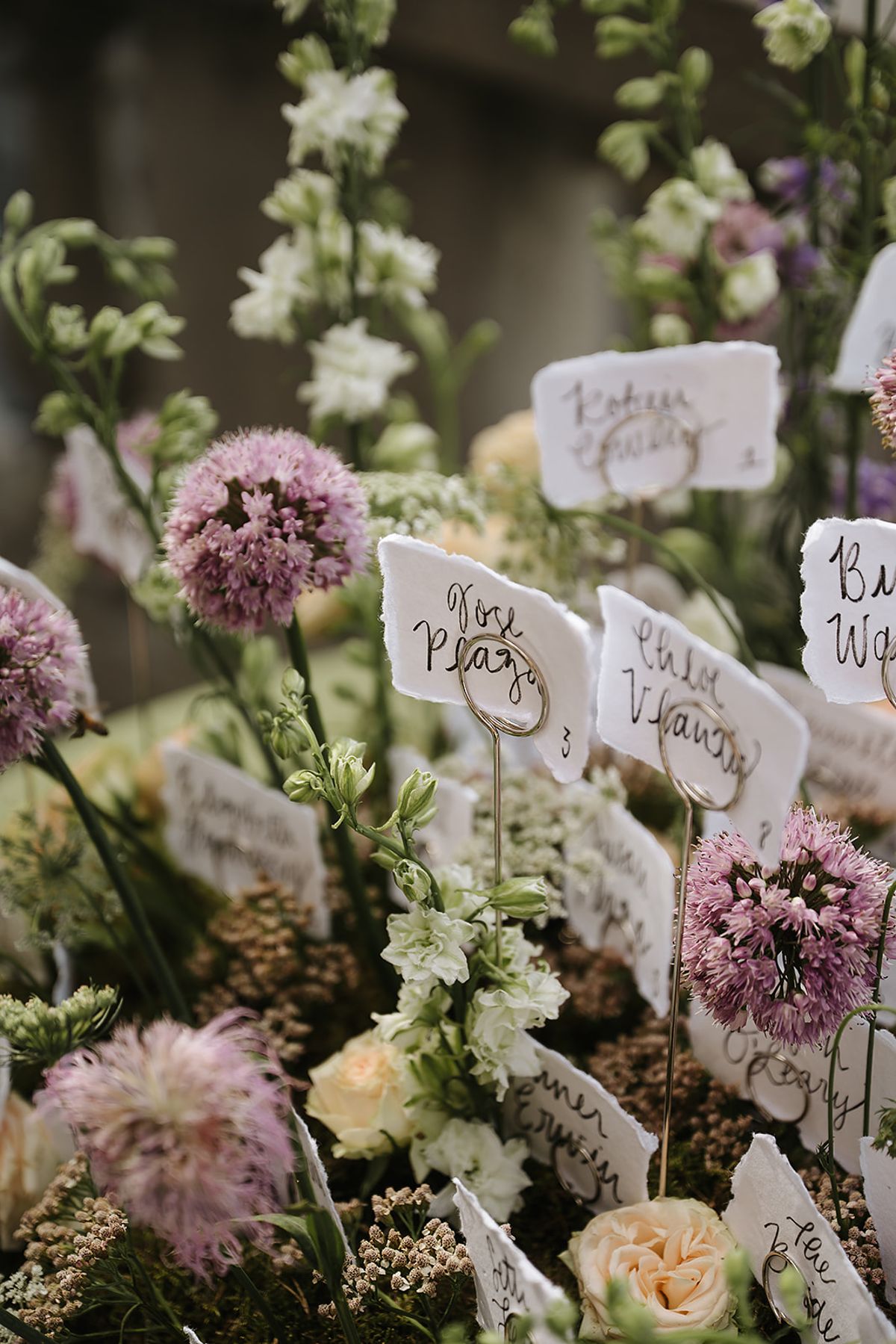 Handwritten name cards on small stakes stand among purple alliums, white delphiniums and peach roses.