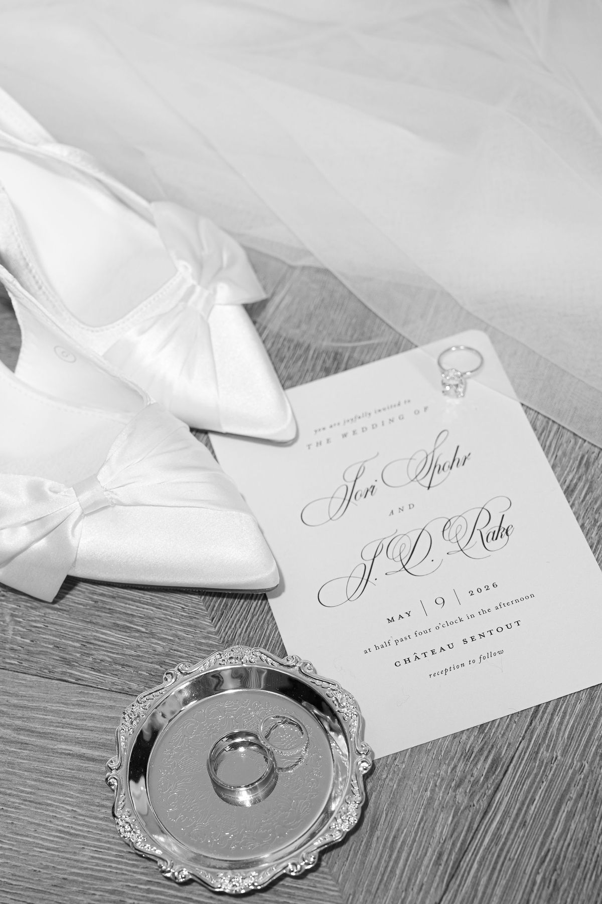 Jori's wedding shoes and veil arranged as a flat lay