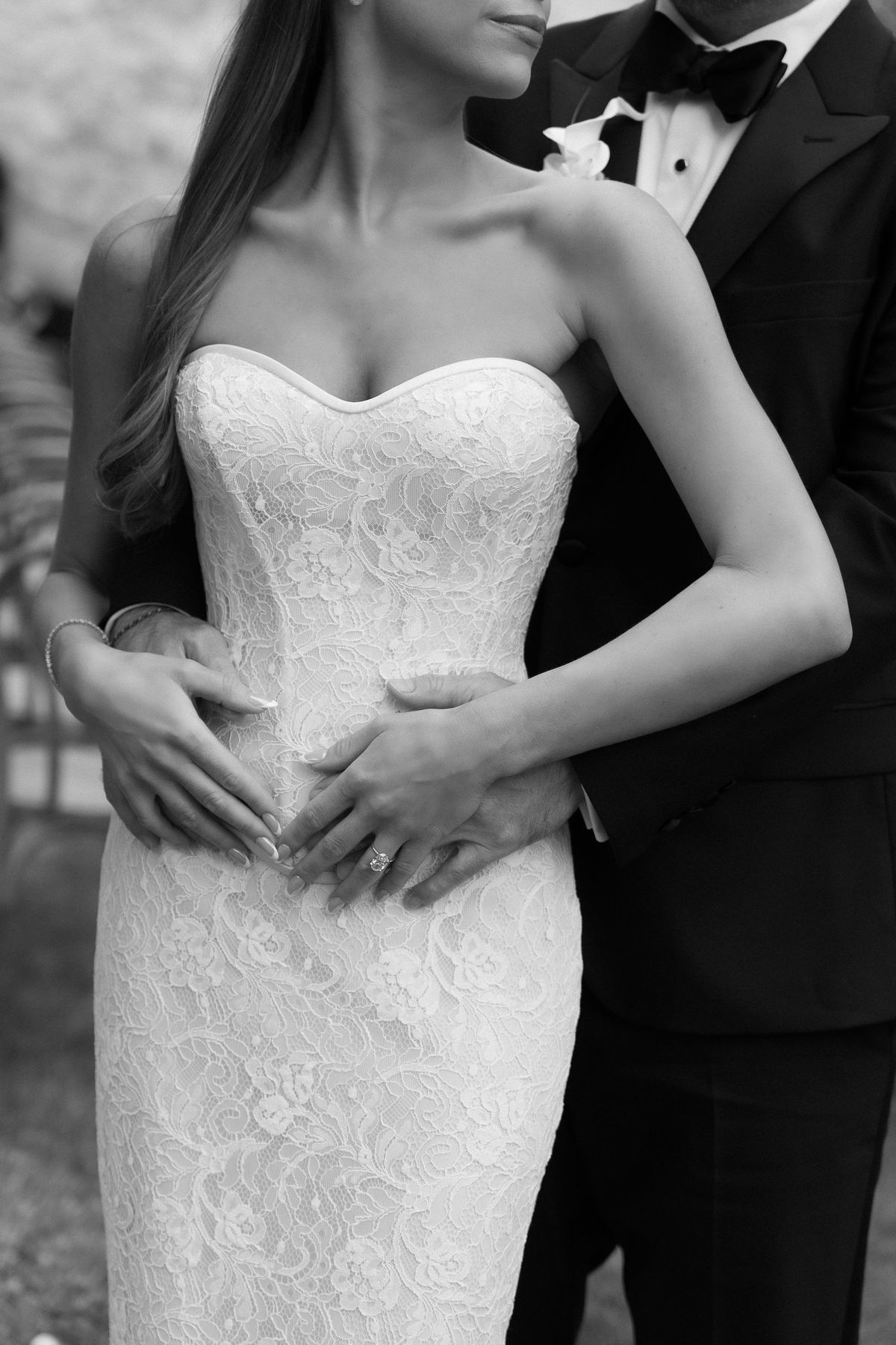 A black-and-white detail of the bodice of Jori's wedding gown