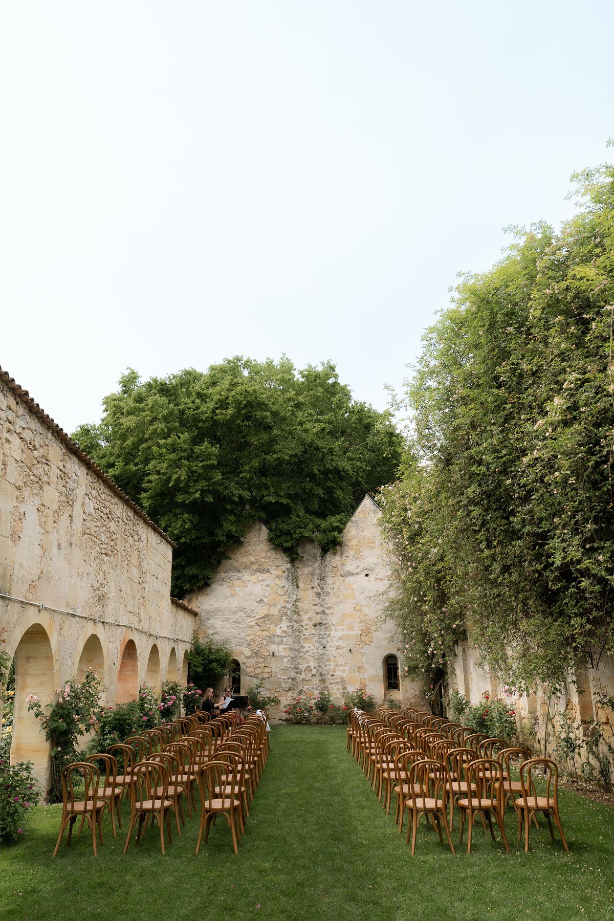 Rows of empty wooden chairs set for the ceremony beneath the trees