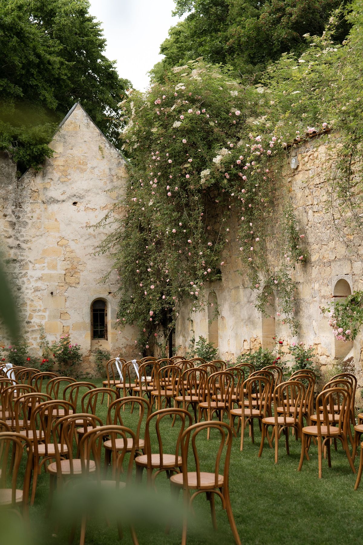 Rows of empty wooden chairs set for the ceremony beneath ivy-covered walls
