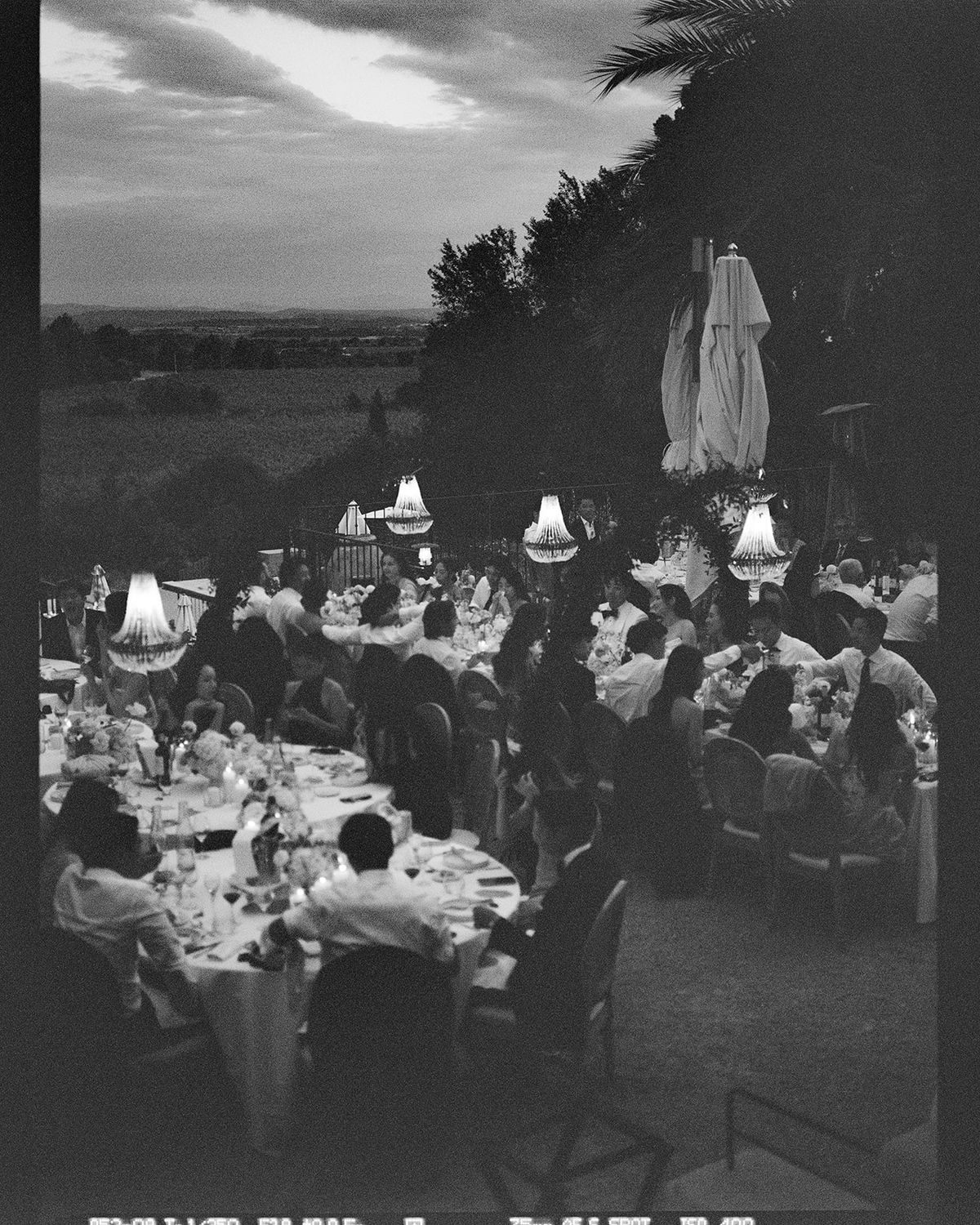 Black and white view of guests at dinner under hanging chandeliers at dusk