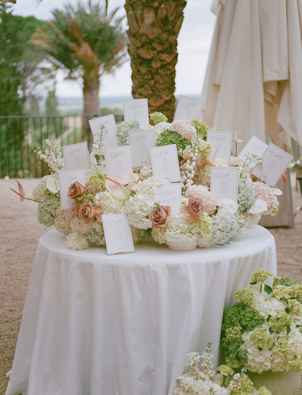 The escort card display of hydrangea and roses beside a palm tree