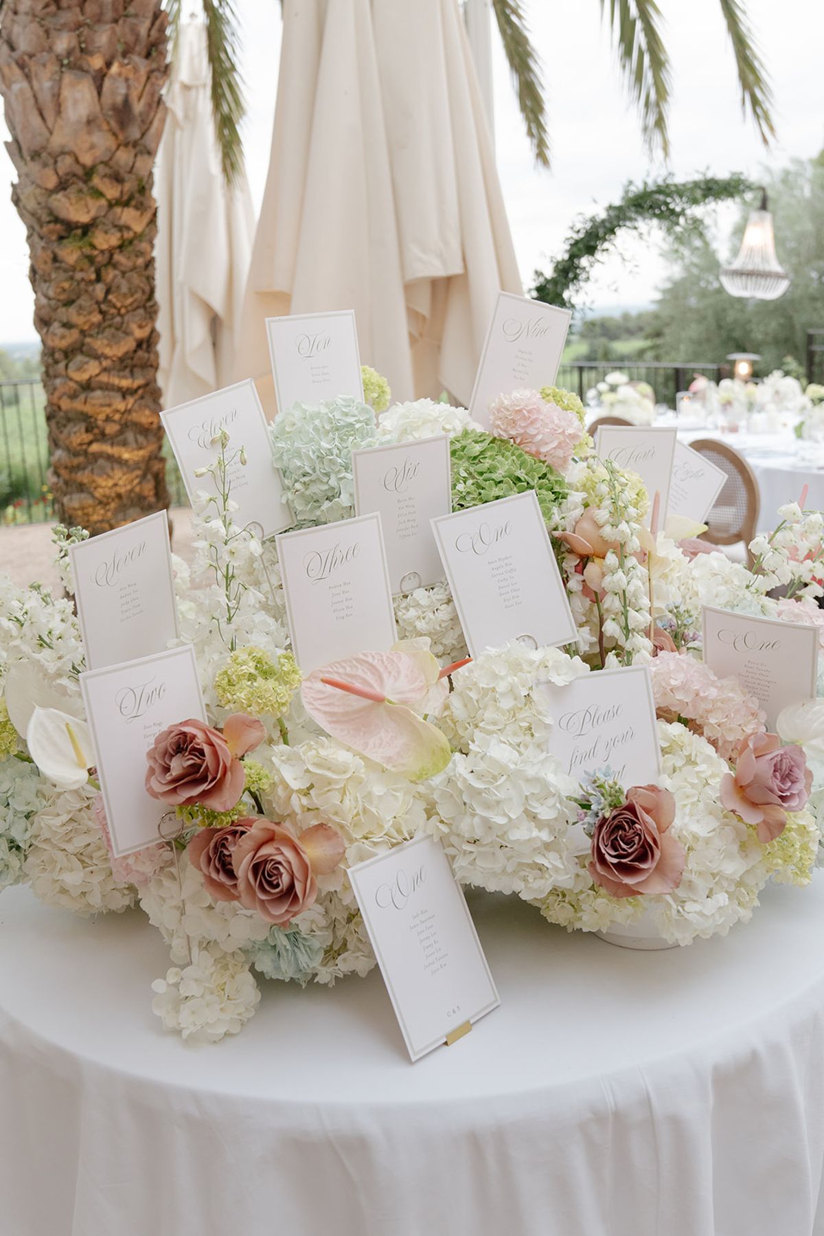 Escort cards tucked among white hydrangea and dusty-rose roses on the display