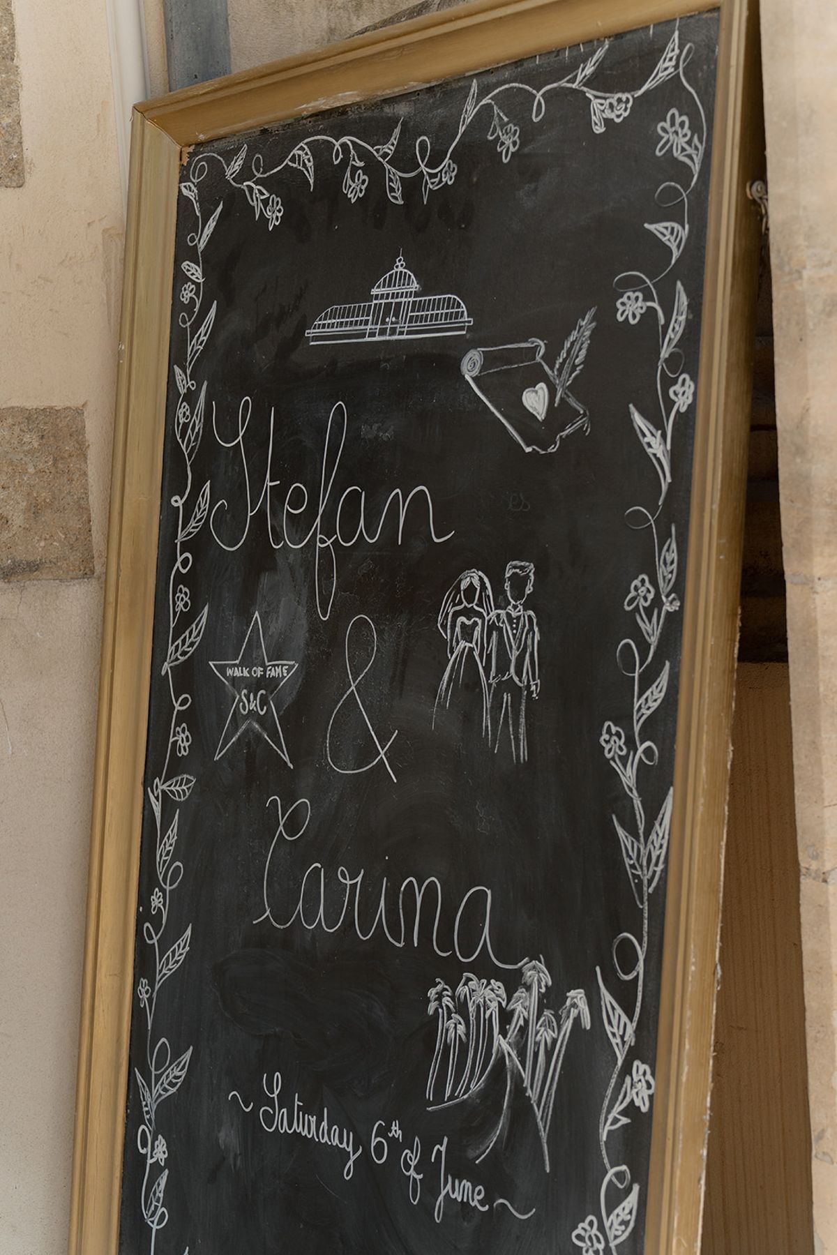 A hand-lettered chalkboard welcome sign for the wedding with drawings of the greenhouse
