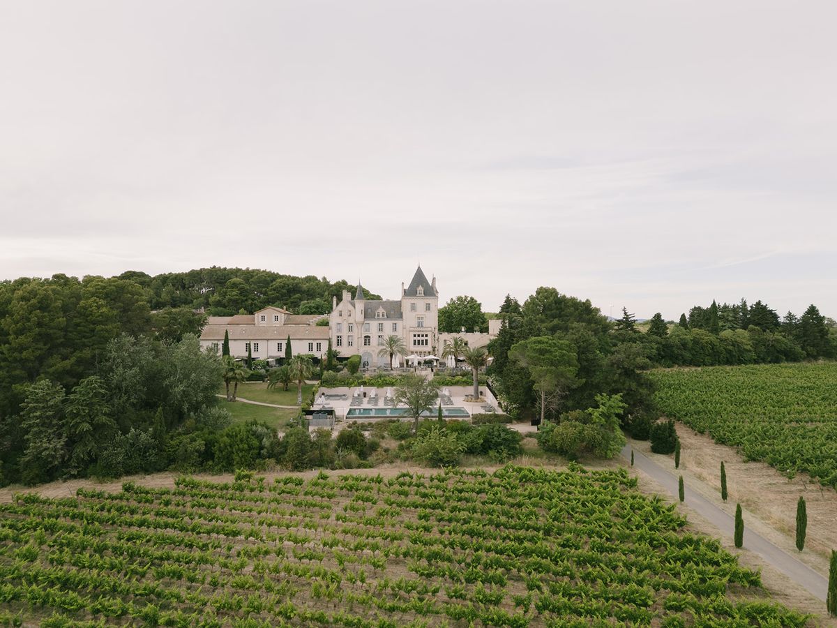 Vineyards in the foreground with the château and its gardens beyond