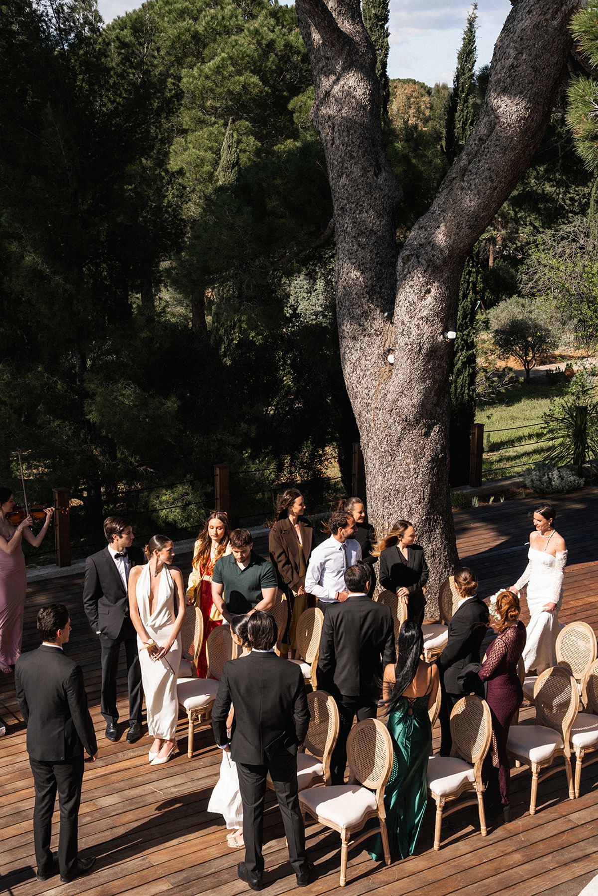 Guests gather under a large pine tree on the ceremony deck as the bride arrives in her gown, a violinist playing at the edge of the group.