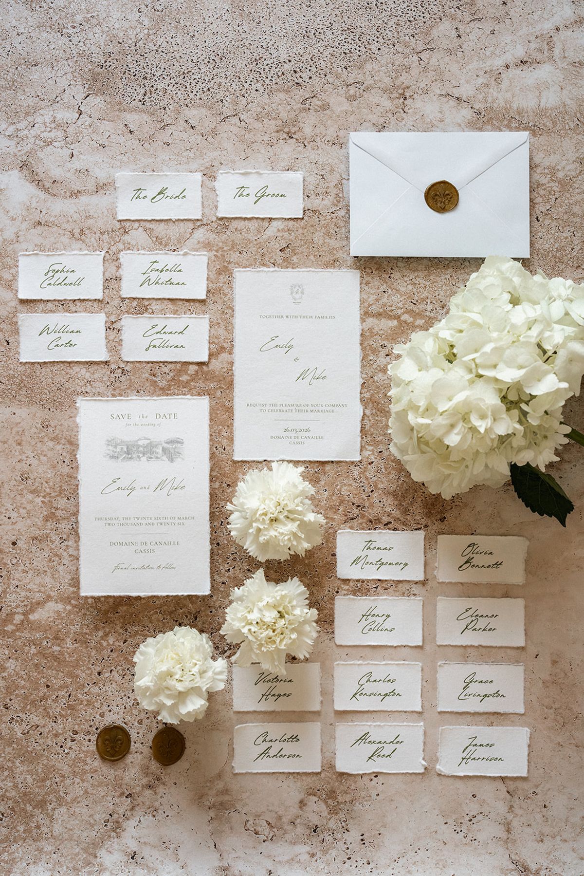 A flat lay of the invitation suite, place cards, a wax-sealed envelope and white carnations arranged on a stone surface.