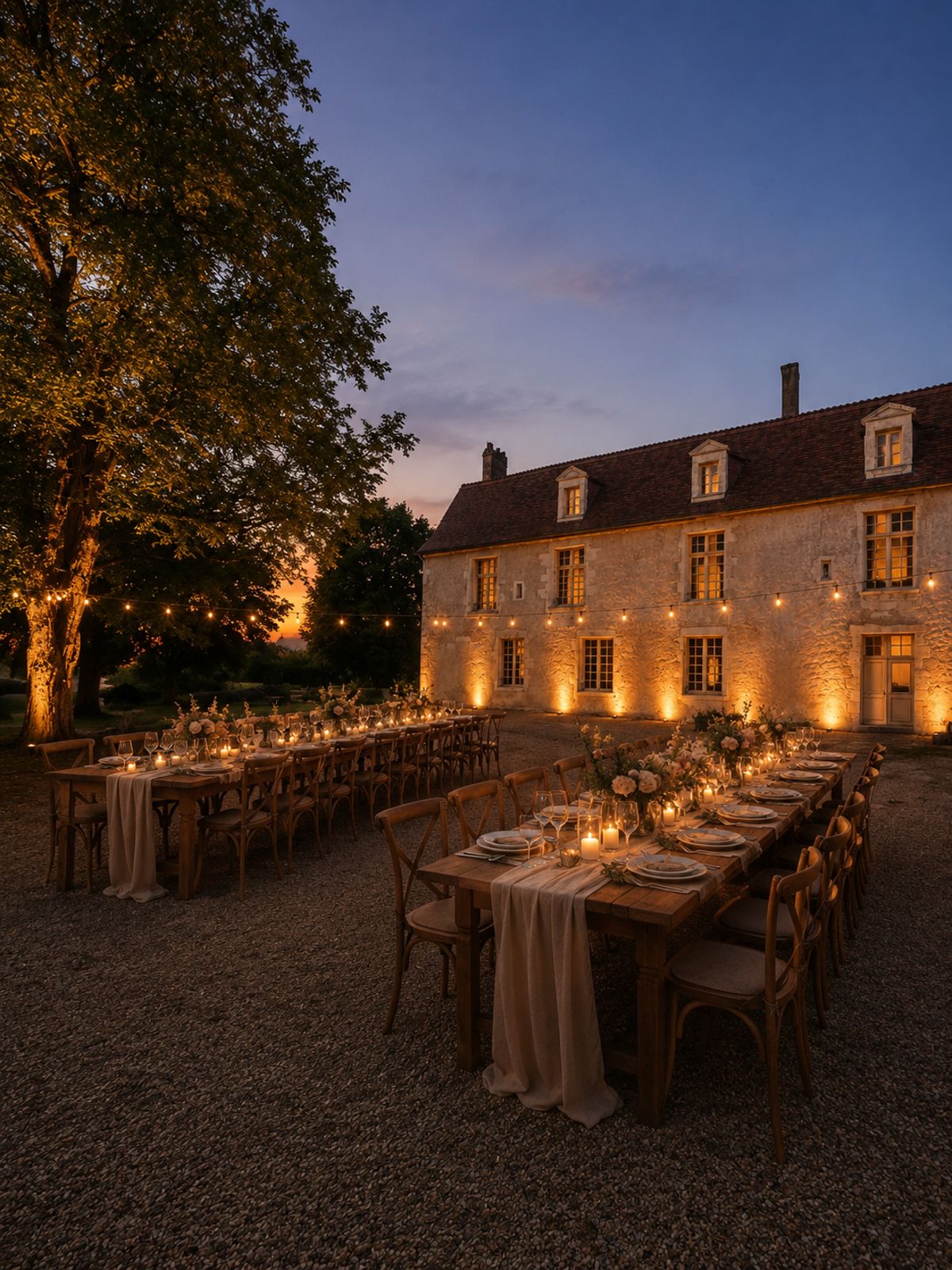 Long candlelit tables set for dinner outside the château at dusk