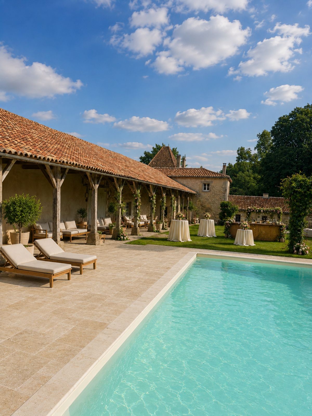Outdoor swimming pool beside the colonnade, set for a drinks reception