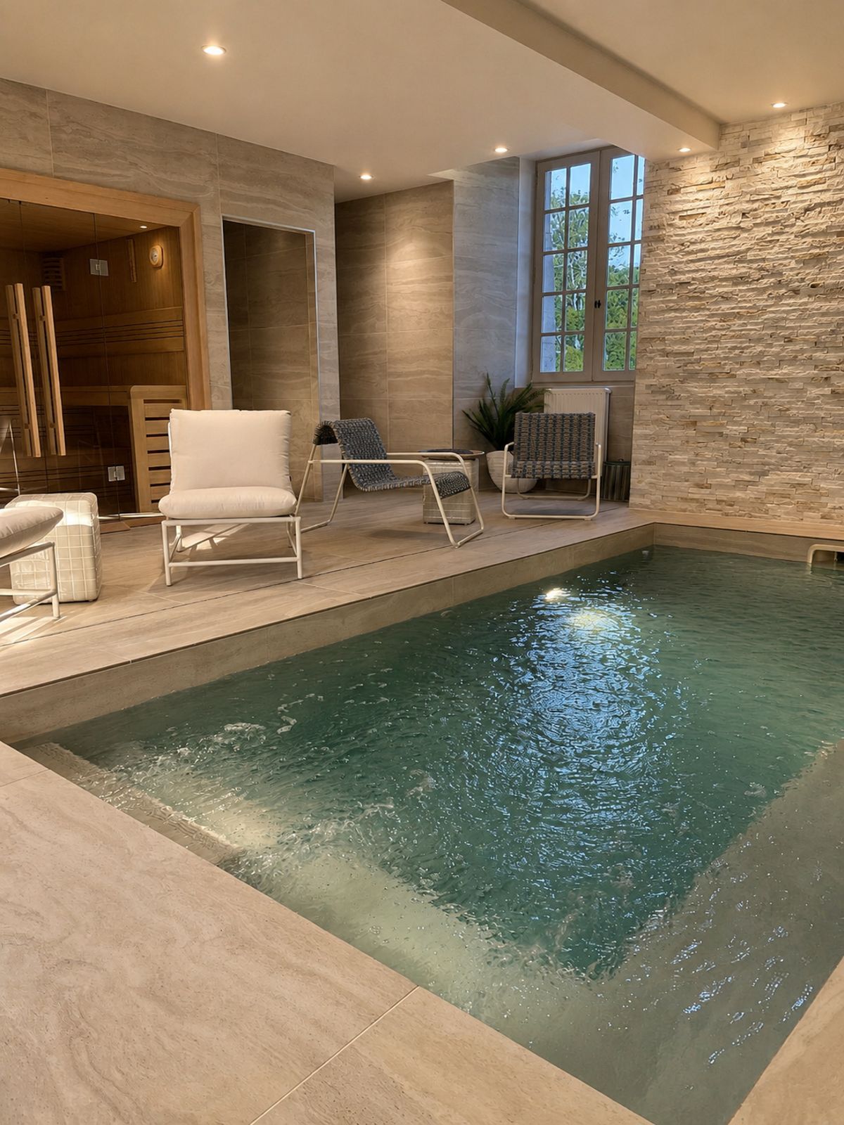 Indoor swimming pool with sauna and seating