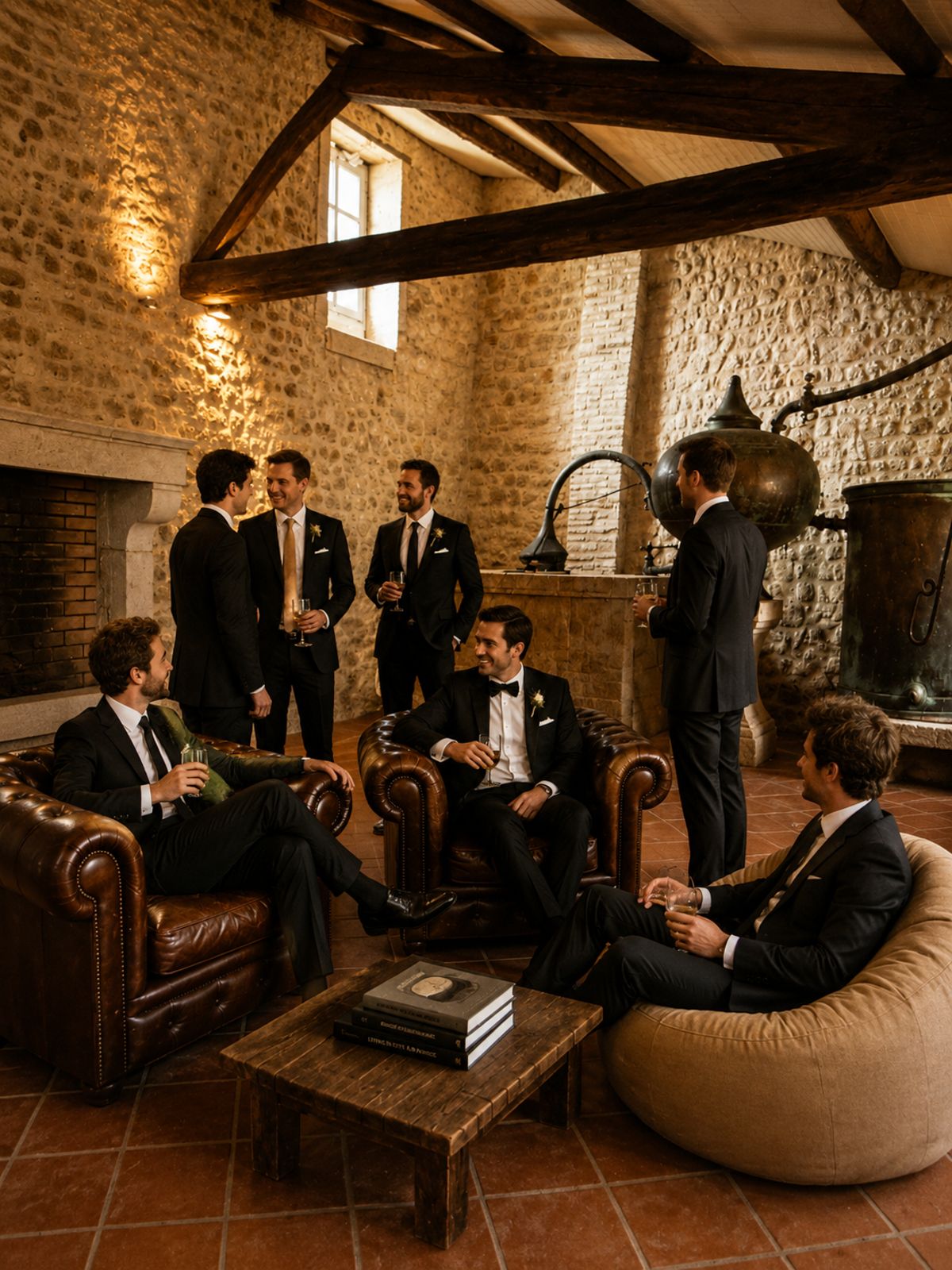 Guests in the vaulted stone lounge, with leather armchairs and a copper still