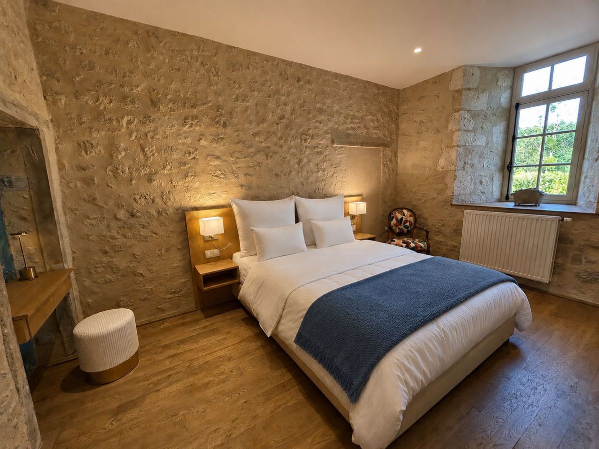 Guest bedroom with an exposed stone wall, oak floor and a blue throw