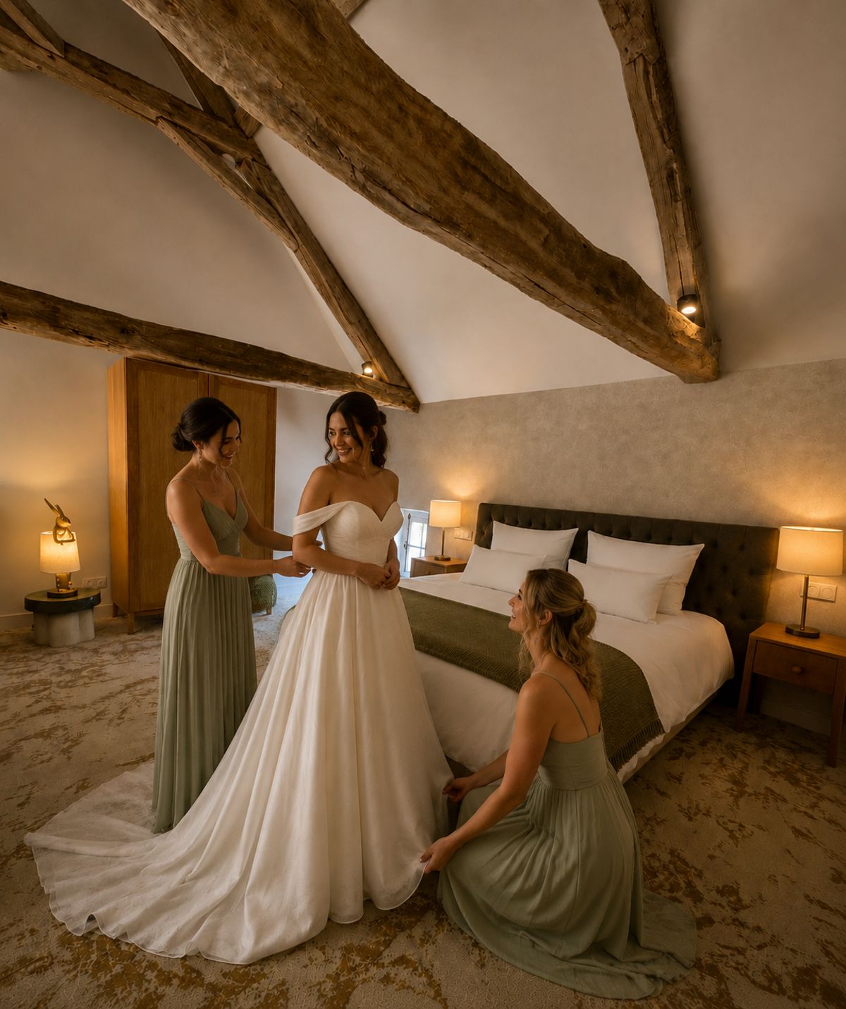 Bedroom under exposed beams, used as a getting-ready room