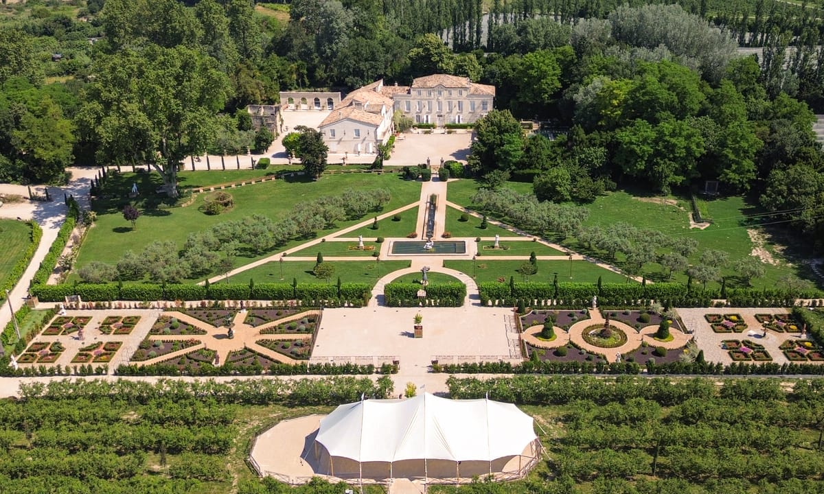 Aerial view of the full château estate and grounds