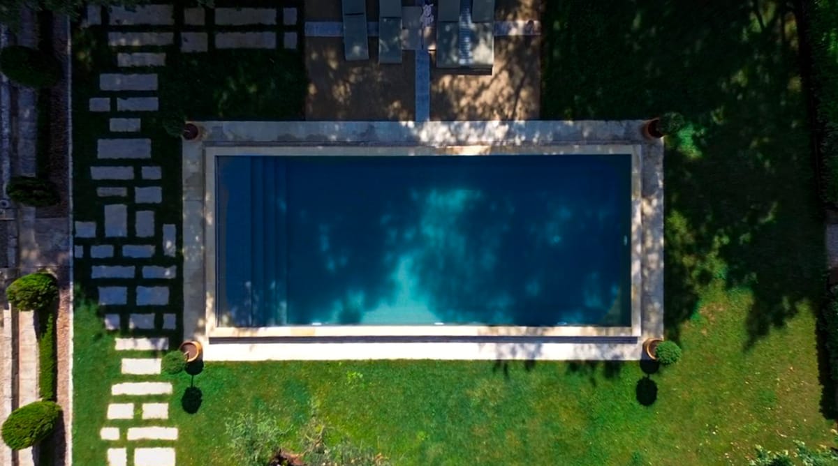 Aerial view of the heated swimming pool in the gardens