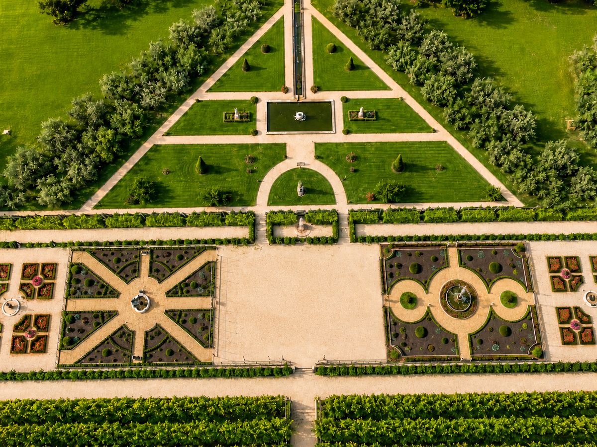 Aerial view of the formal French parterre gardens at Château de Bouchony