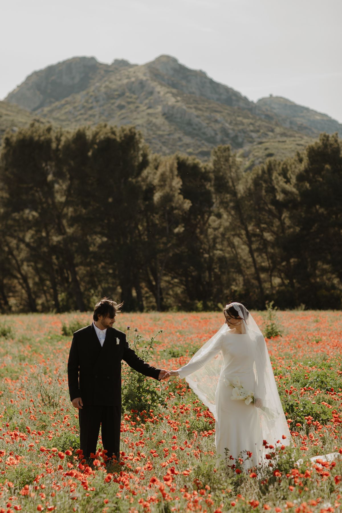 A couple hold hands in a field of red poppies below a wooded hill in the Alpilles