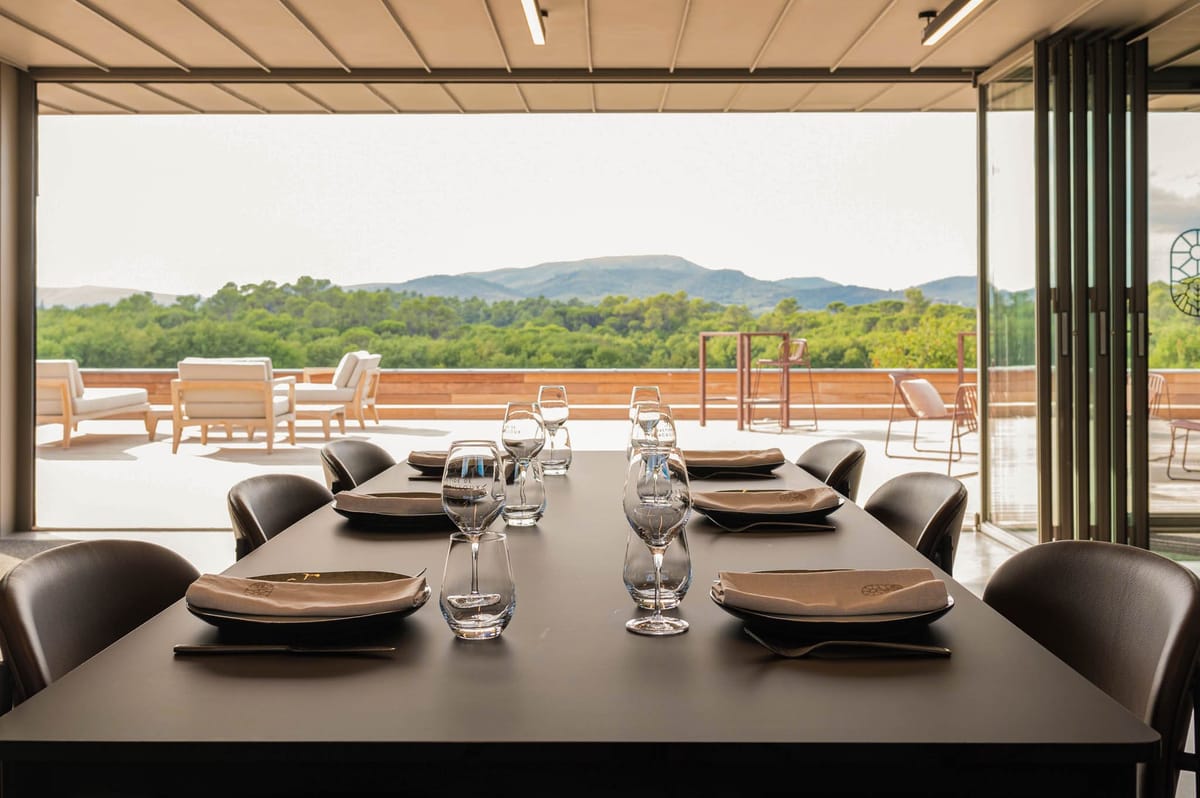 Domaine de Blacailloux modern dining space with terrace and Provence mountain views