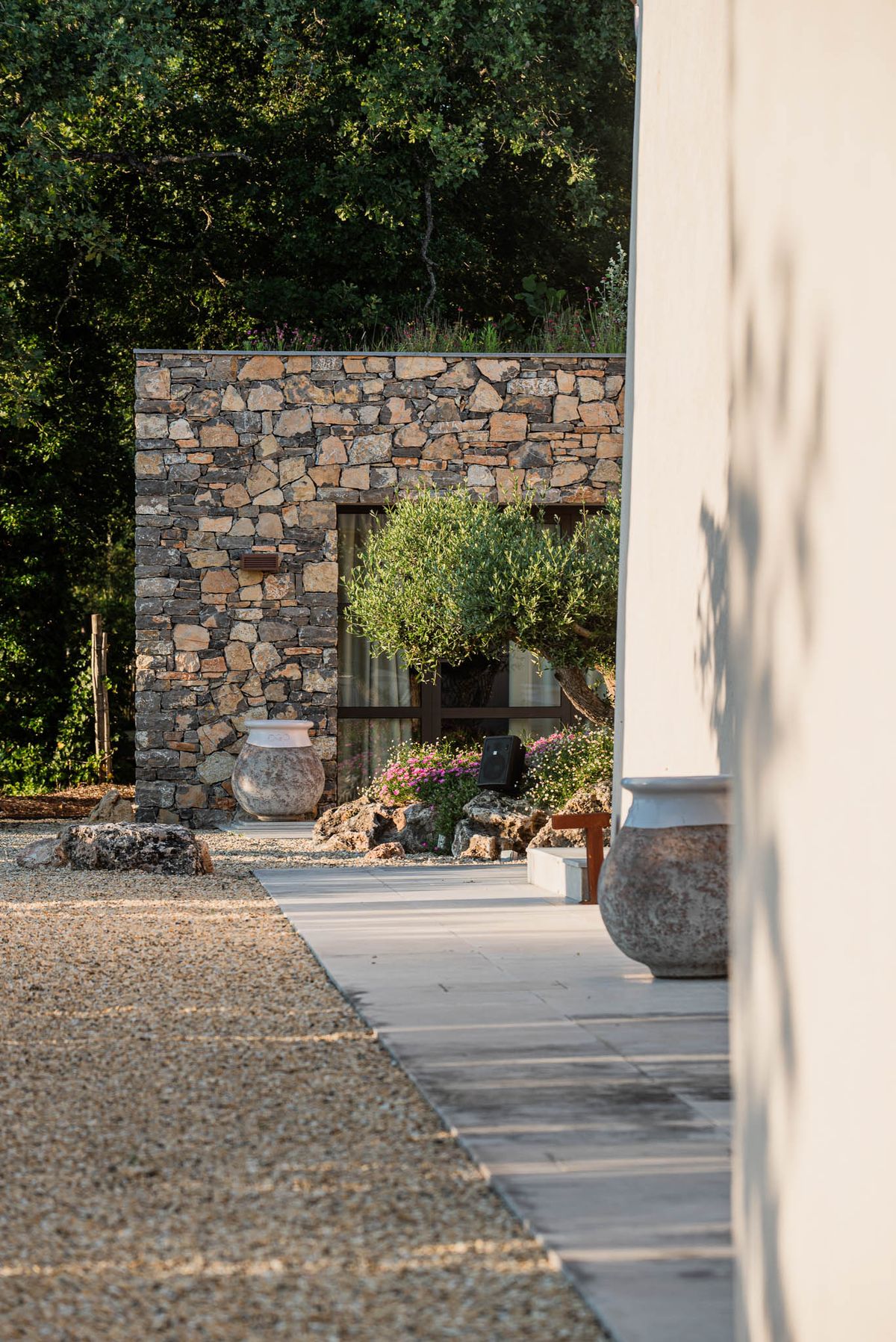 Drystone facade with olive tree and terracotta urn at Domaine de Blacailloux in Provence