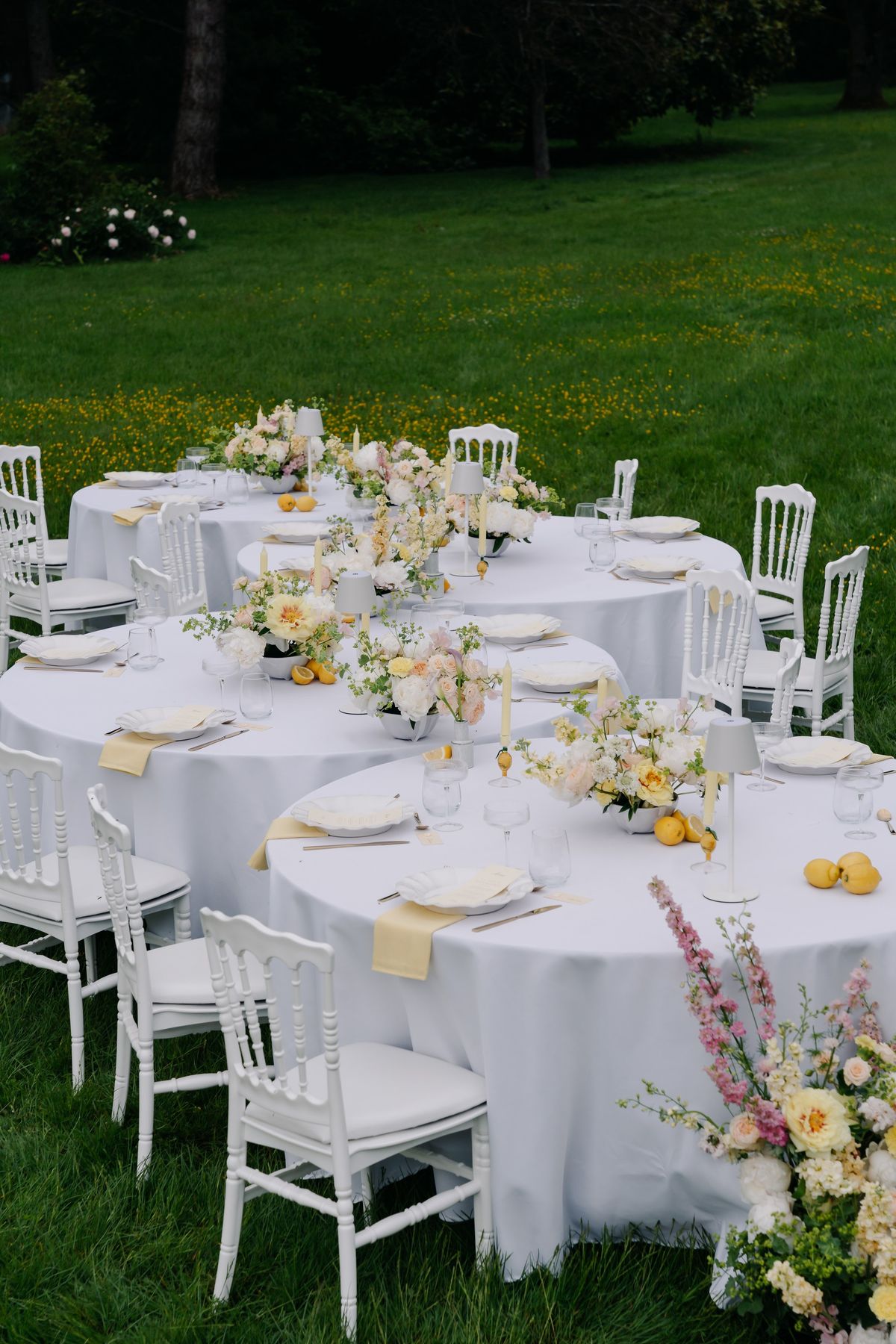 Round tables in white linen with Napoleon chairs, lemons and pastel flowers, laid on the lawn under the trees