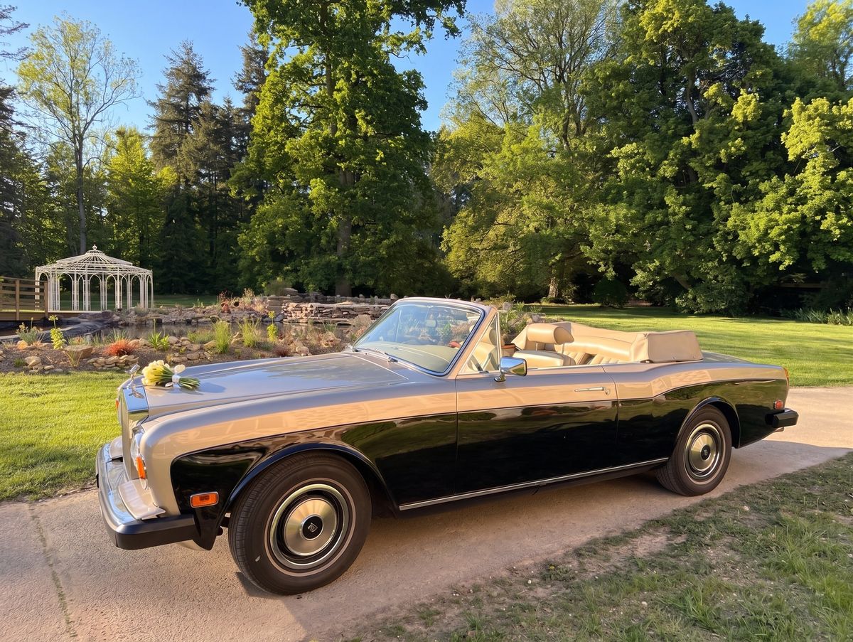 A silver and black vintage convertible with a bouquet on the bonnet, on the drive by the water garden and gloriette