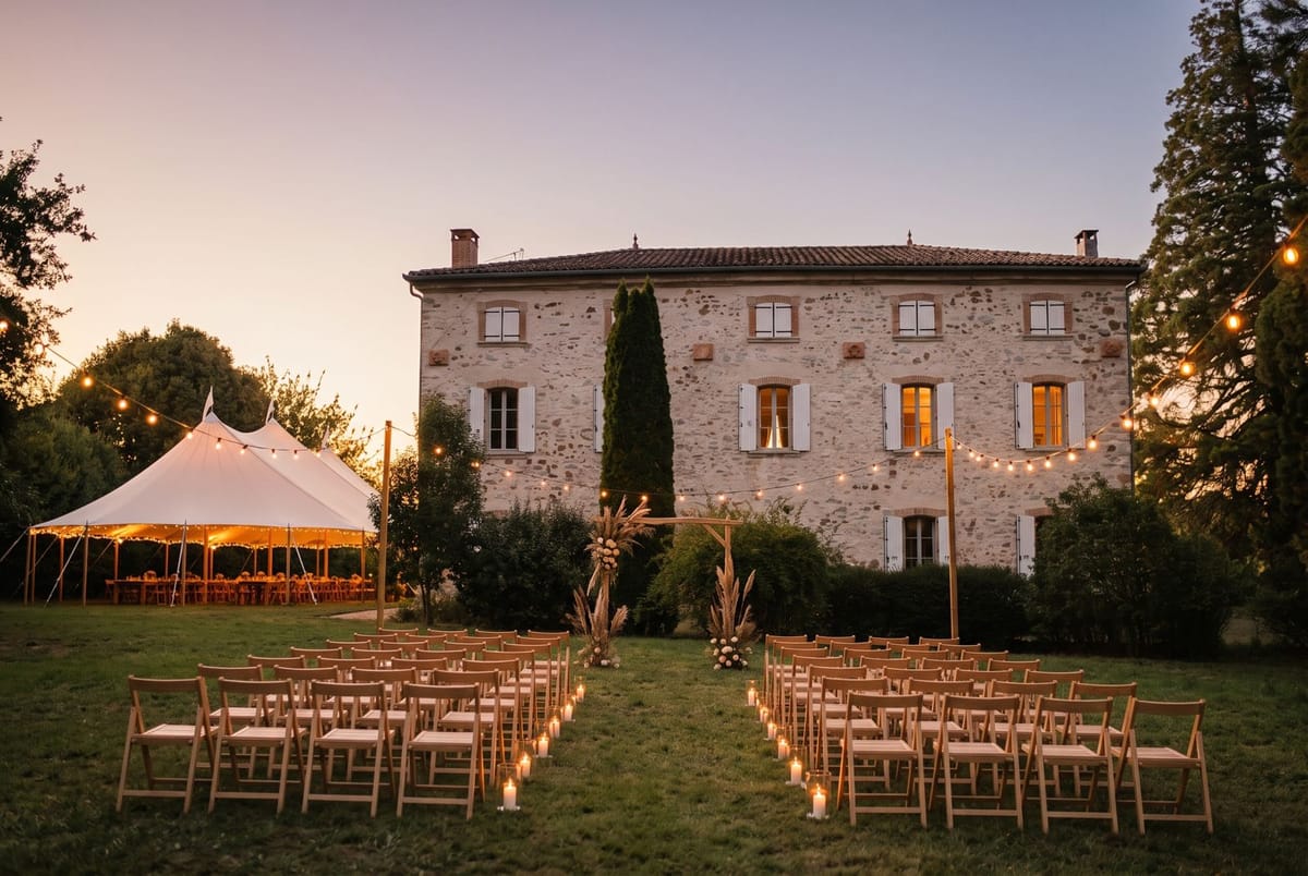 Ceremony chairs lining a candlelit aisle on the lawn before the château at dusk, a sailcloth tent beside