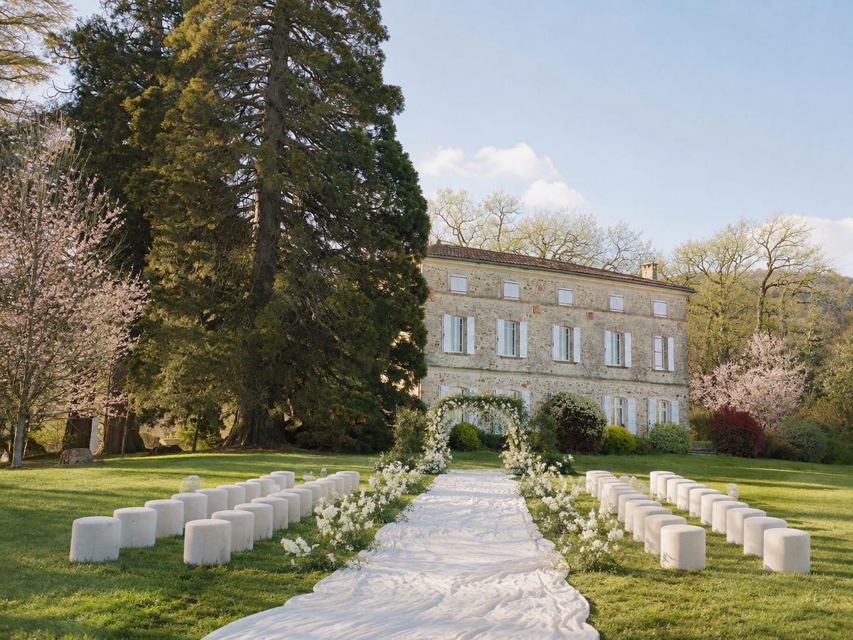 A white aisle runner between rows of round upholstered stools, leading to a floral arch before the château