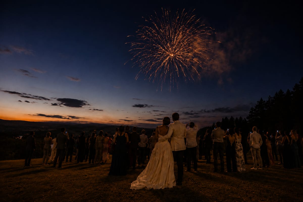 A couple and their guests watching fireworks over the hills after sunset