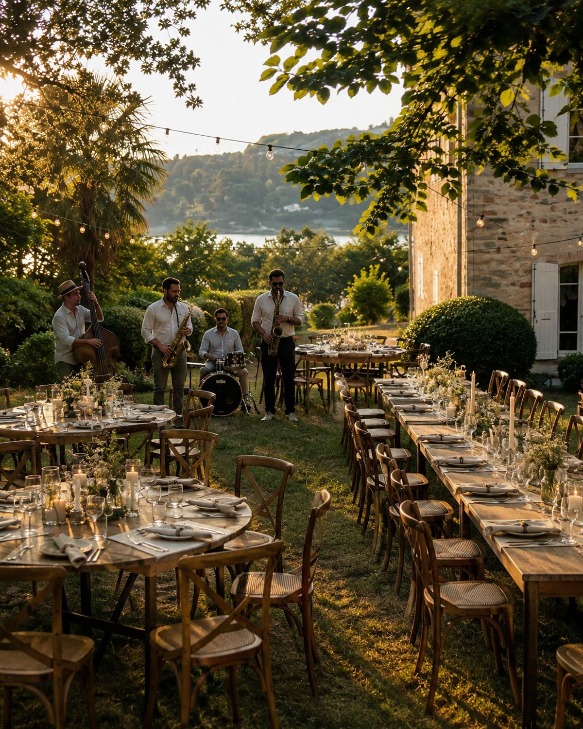 Dinner tables set under the trees beside the château while a band plays, the lake beyond