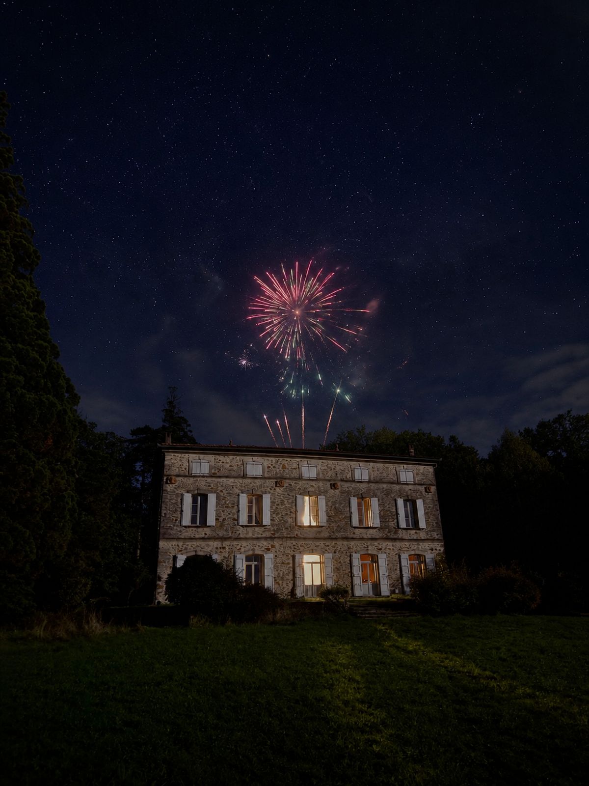 Fireworks bursting in the night sky above the lit windows of the château