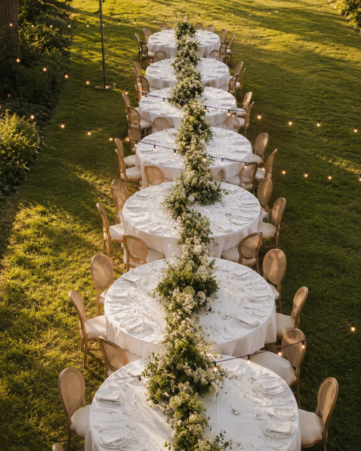 Elevated view of round tables joined by a greenery garland on the lawn, beneath strings of festoon lights
