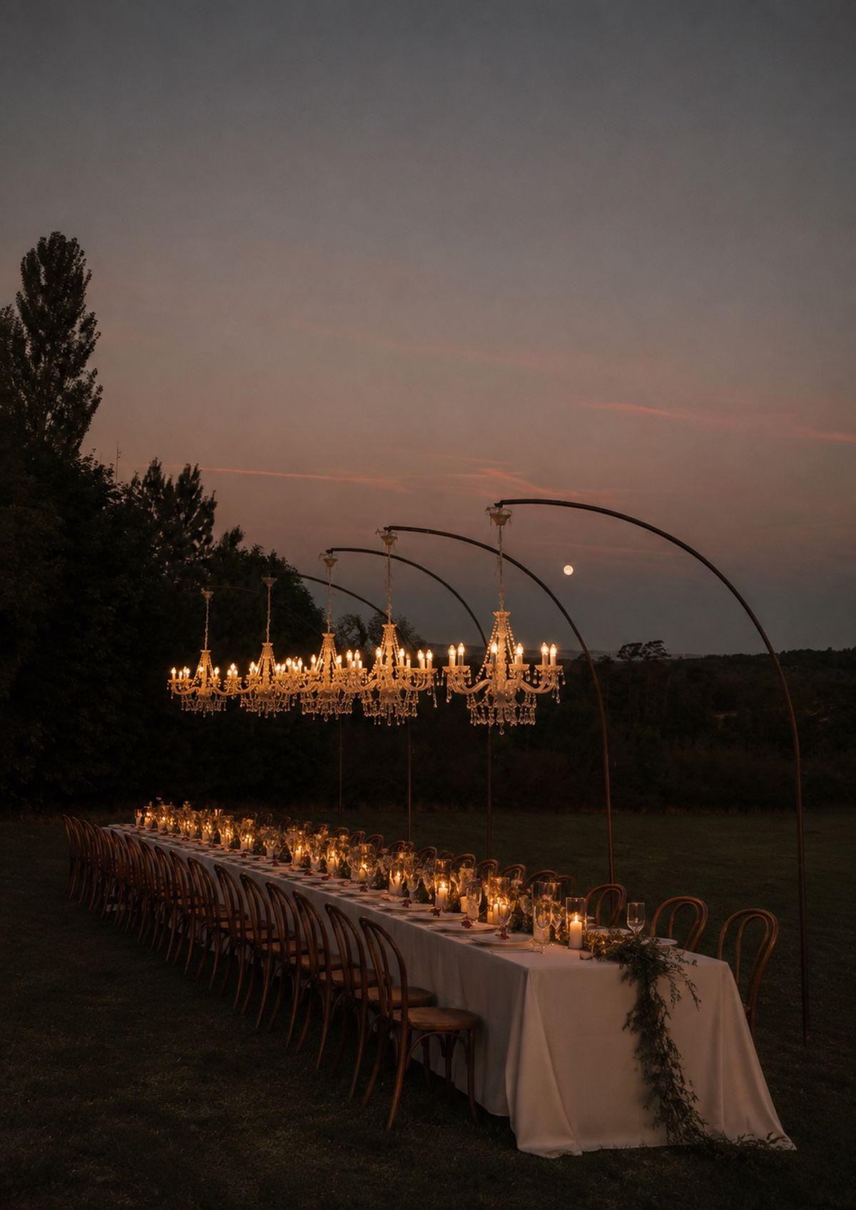 A long candlelit dining table beneath a row of hanging chandeliers at dusk.