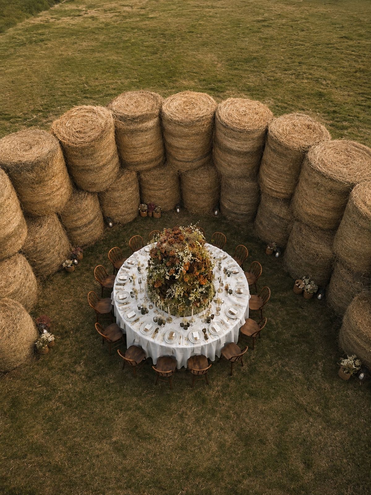 Aerial view of a round dining table with a tall floral centrepiece, encircled by stacked hay bales.