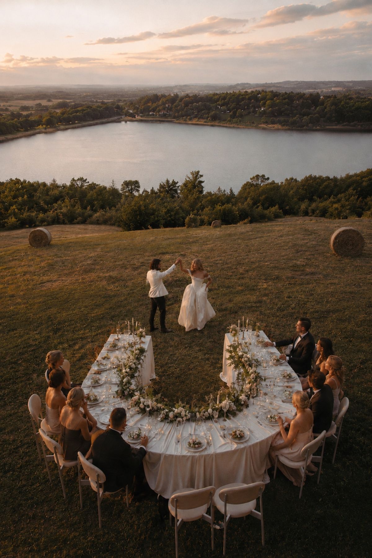 Aerial view of a horseshoe-shaped reception table overlooking the lake, with the couple dancing at its centre.