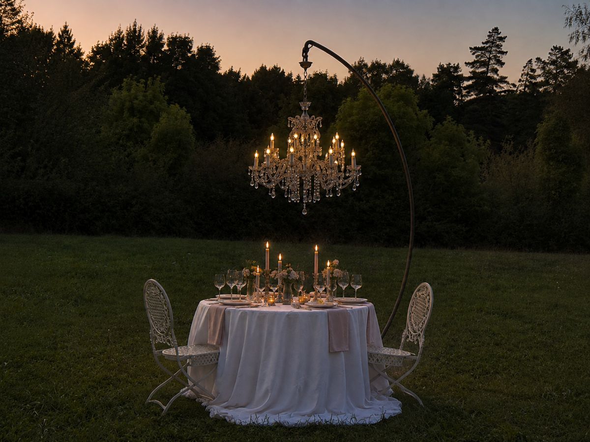 A candlelit table for two set on the lawn beneath a hanging crystal chandelier at dusk.