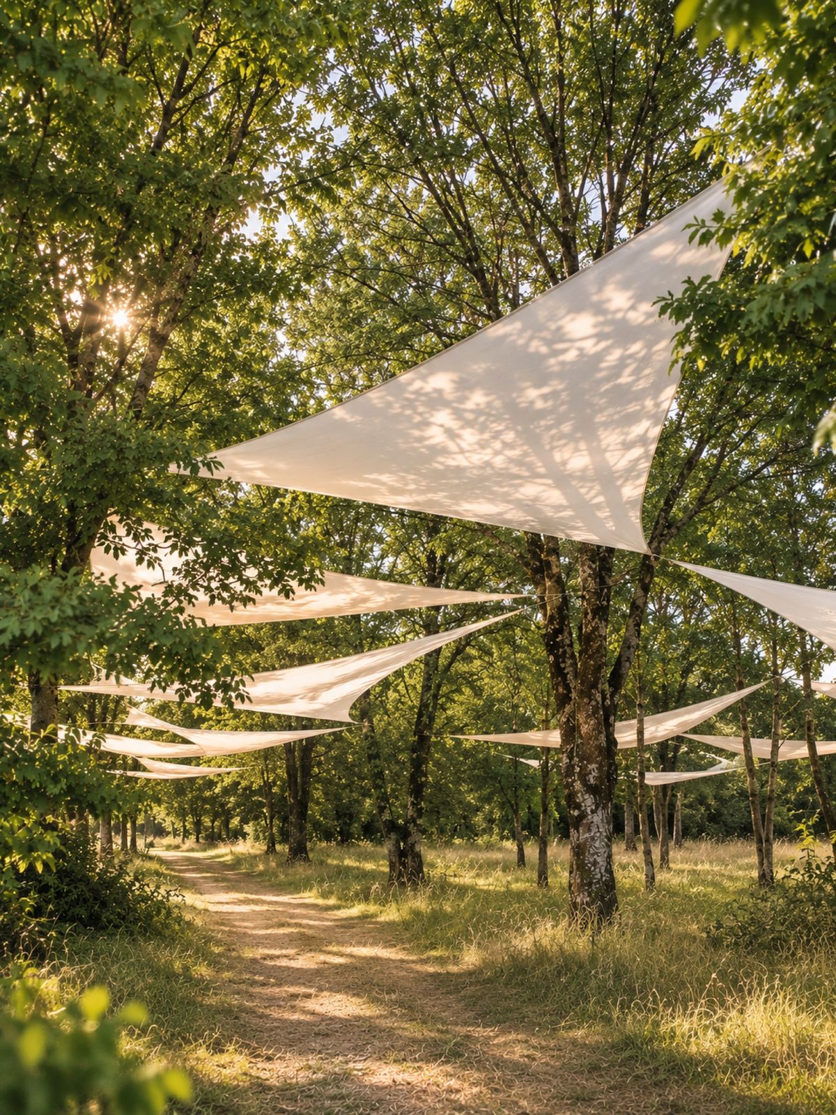 A woodland path on the estate hung with triangular fabric canopies catching the evening light.
