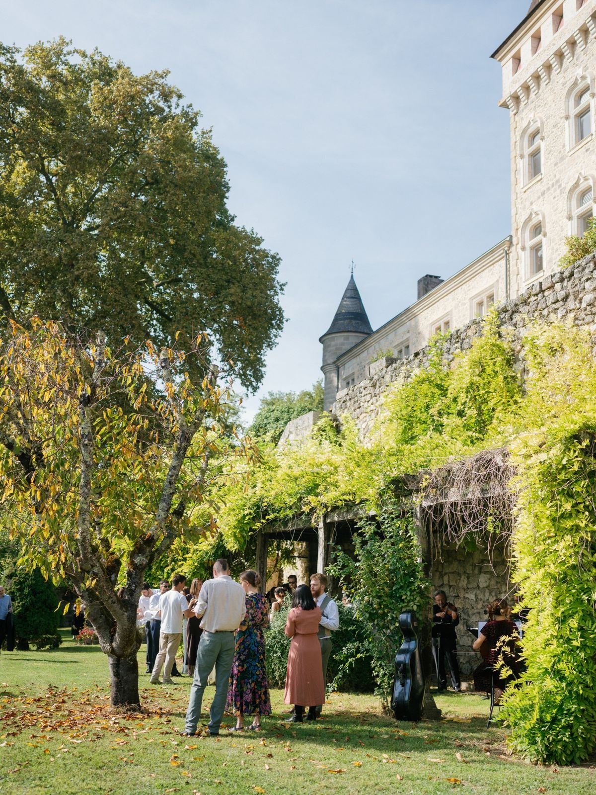 Guests gather on the lawn beside a vine-covered pergola, with a cello case nearby and the château walls above
